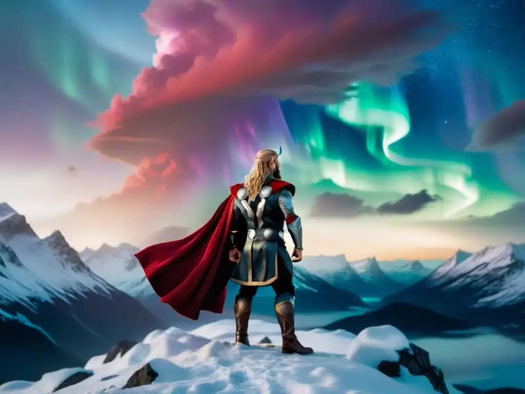 Thor, dios del trueno, en pico nevado bajo auroras boreales, ilustra la mitología nórdica en Thor