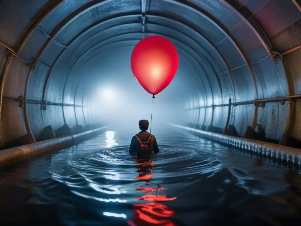 Escena terrorífica: túnel de alcantarillado con globo rojo flotante Un túnel de alcantarilla oscuro y nebuloso, con un globo rojo flotando misteriosamente