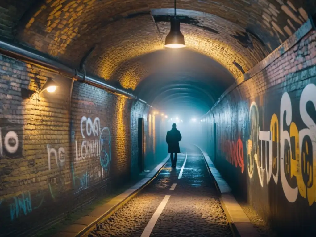 Un túnel subterráneo misterioso en Londres con lámparas de gas, grafitis y atmósfera de 'Universos ficticios en análisis'