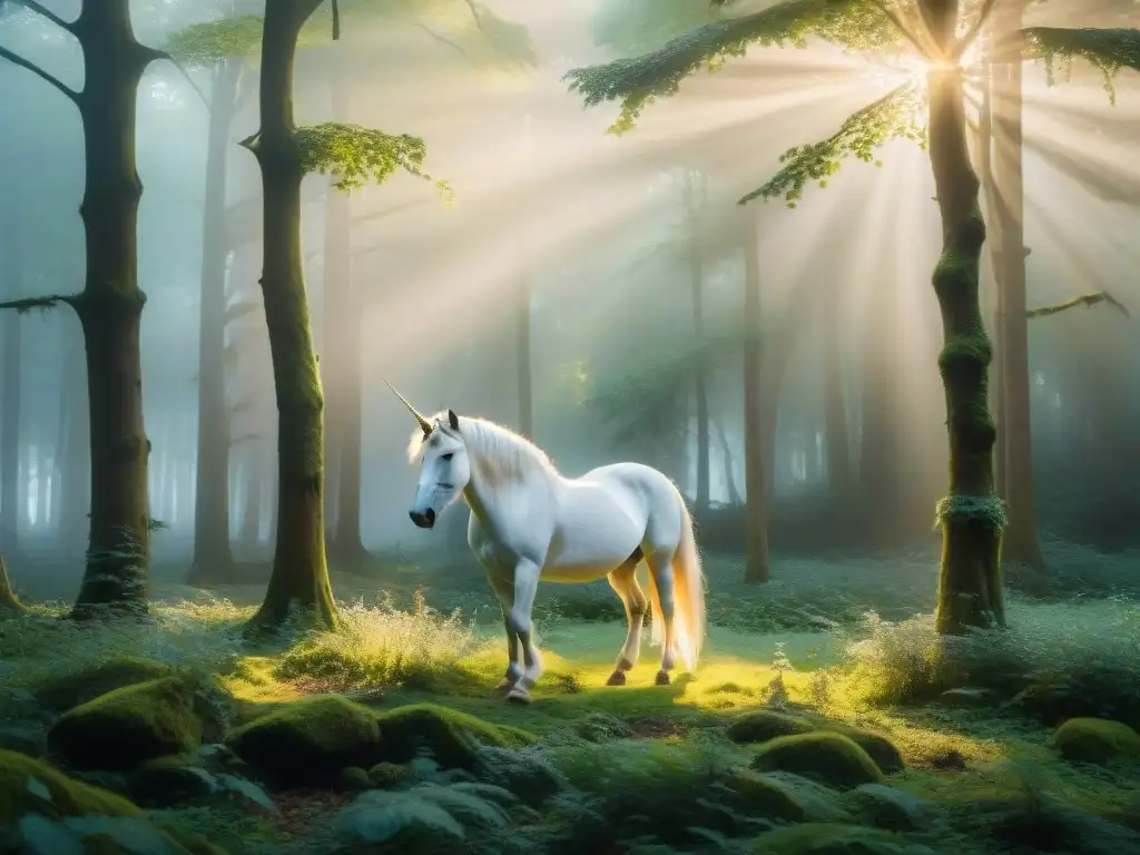 Un unicornio blanco y majestuoso en un bosque de niebla al amanecer, rodeado de criaturas mágicas