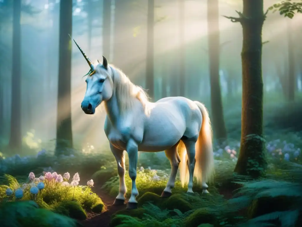 Un unicornio etéreo con un manto luminoso, cuerno majestuoso y alas irisadas, en un bosque encantado