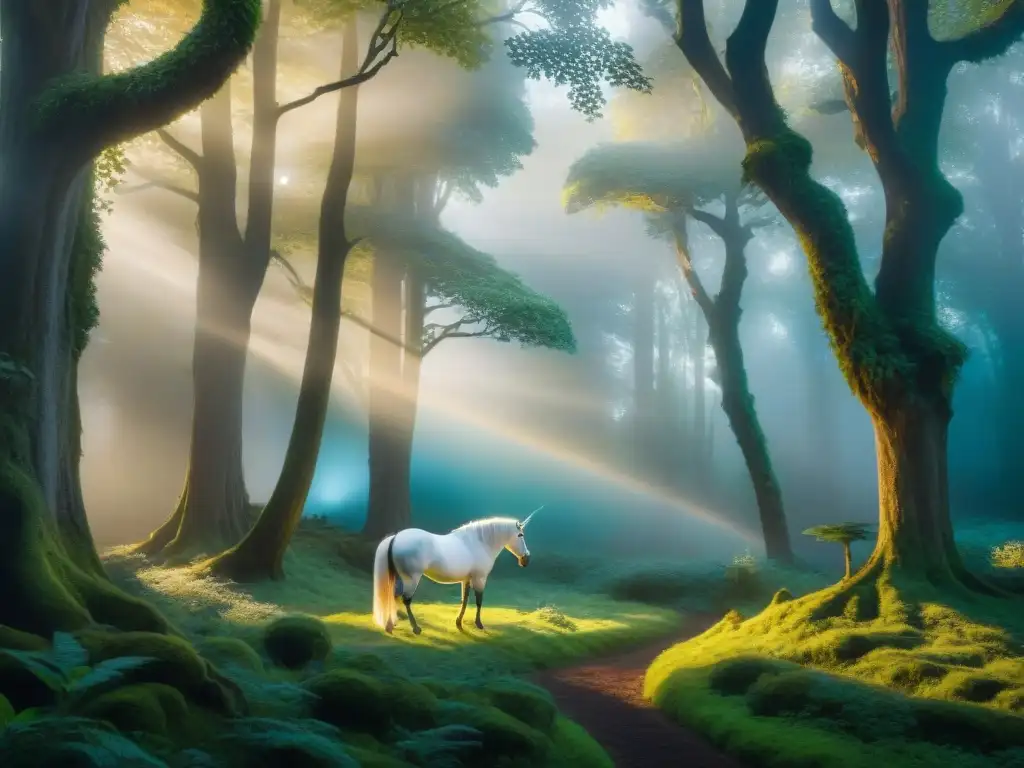 Unicornio místico en bosque encantado al anochecer Un unicornio majestuoso en un bosque mágico con árboles antiguos y runas luminosas