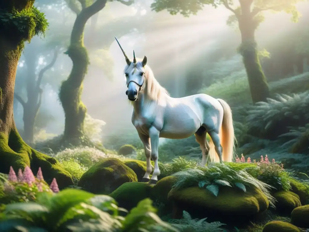 Un unicornio majestuoso en un bosque mágico, su cuerno perlado brilla bajo la luz filtrada