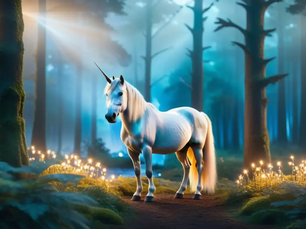 Un unicornio majestuoso en un bosque místico bajo la luz de la luna, con su cuerno plateado brillante y aura mágica