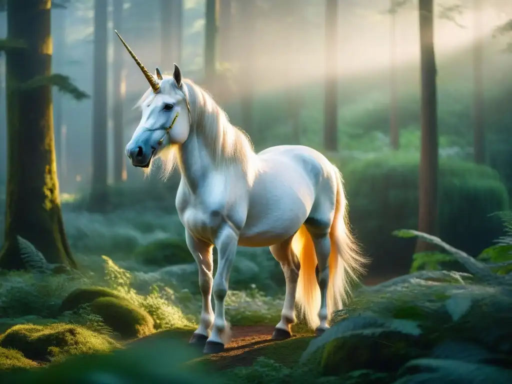 Un unicornio majestuoso en un bosque místico al amanecer