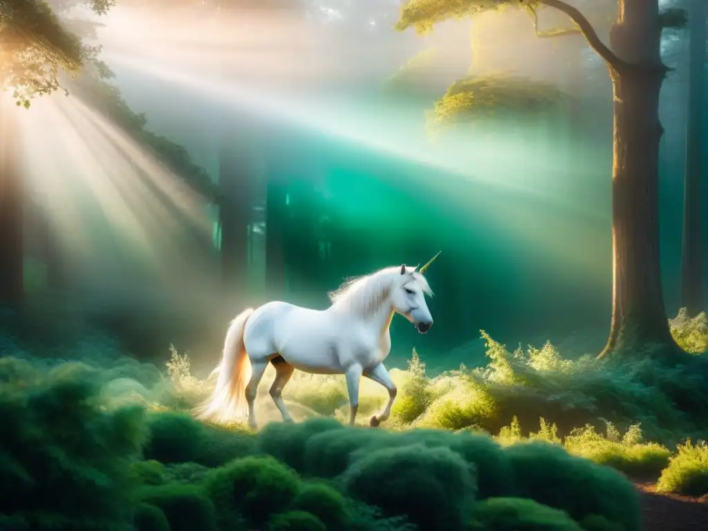 Unicornio mágico en el bosque encantado al atardecer Un unicornio majestuoso en un bosque místico, su pelaje blanco brilla con iridiscencia