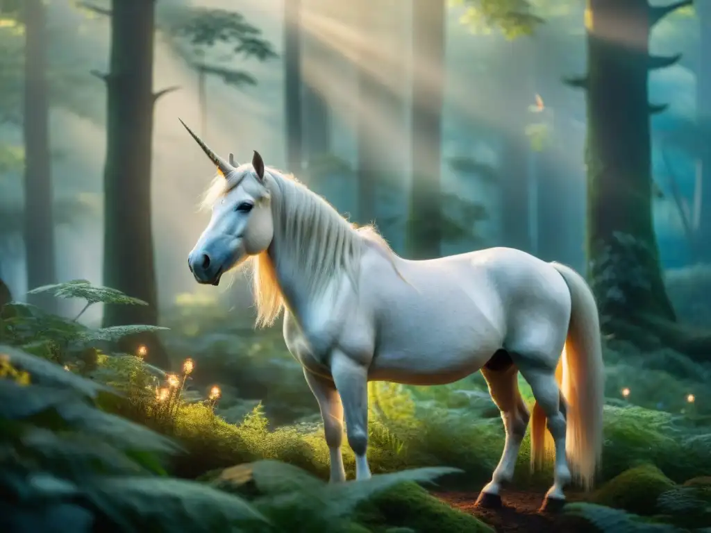 Un unicornio majestuoso en un bosque místico al atardecer, rodeado de criaturas fantásticas en exploración subconsciente