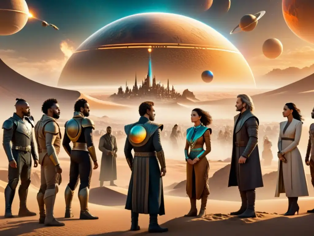 Un universo de Dune con diversidad lingüística en personajes y símbolos únicos flotando sobre sus cabezas