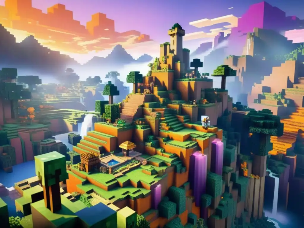 Un universo ficticio en Minecraft: paisajes épicos, personajes diversos y un atardecer mágico