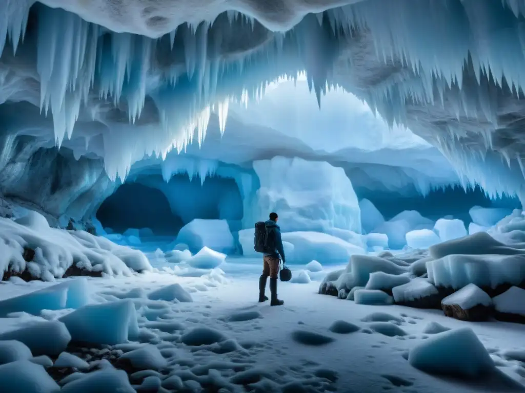 Explora un universo ficticio en películas: una cueva de hielo masiva iluminada por una luz azul etérea y misteriosa