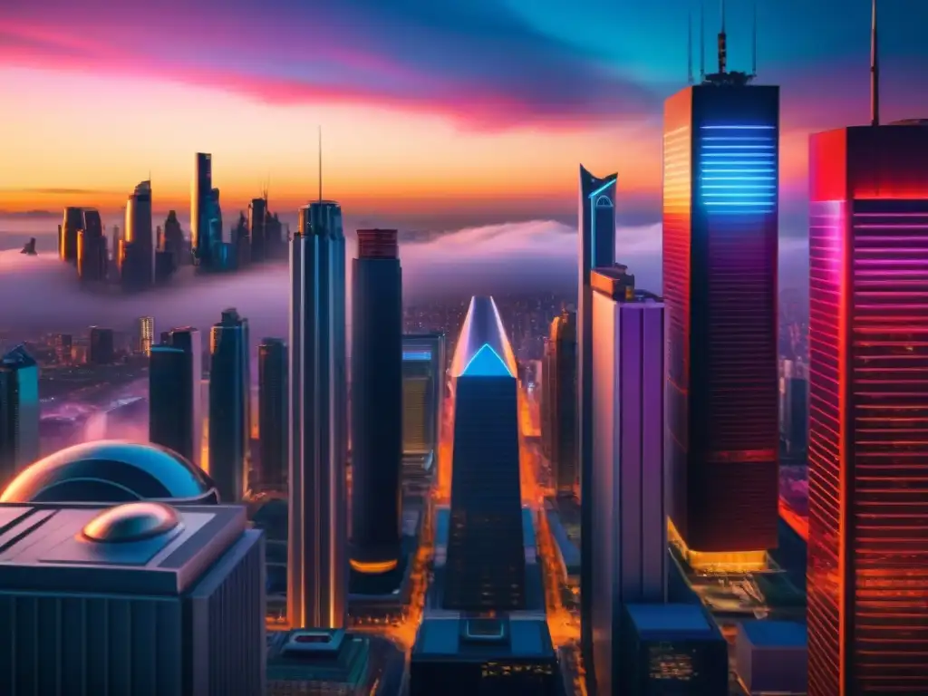 Universo ficticio en películas: Una metrópolis futurista al atardecer con rascacielos, personas diversas y tecnología avanzada