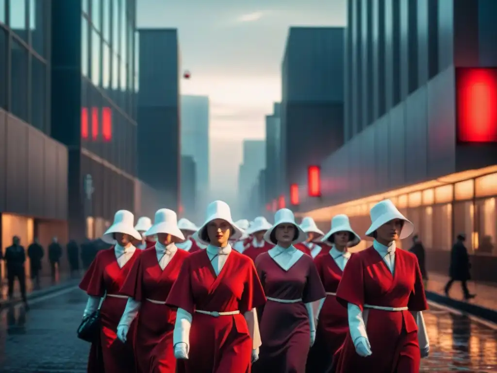 En un universo ficticio de series, las criadas rojas caminan en una ciudad distópica al atardecer, bajo luces rojas ominosas