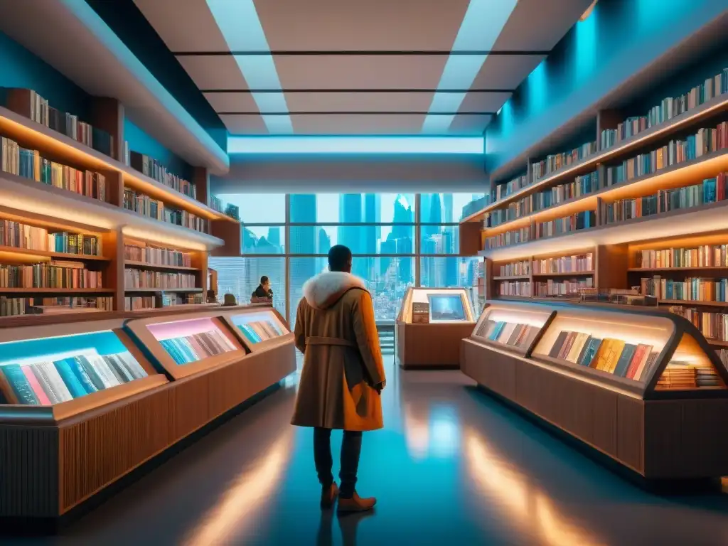 Tienda futurista de merchandising personalizado en universos ficticios Un universo futurista de merchandising personalizado en una bulliciosa librería