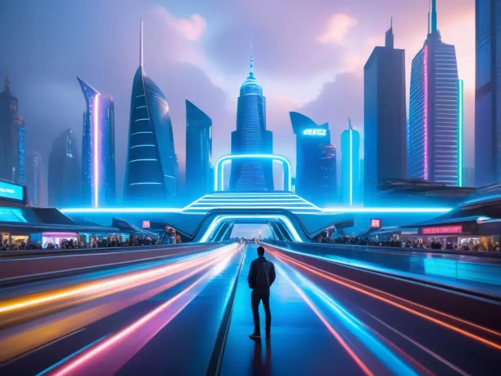 Un universo posthumano de ciencia ficción: ciudad futurista iluminada por luces neón, rascacielos y coches voladores