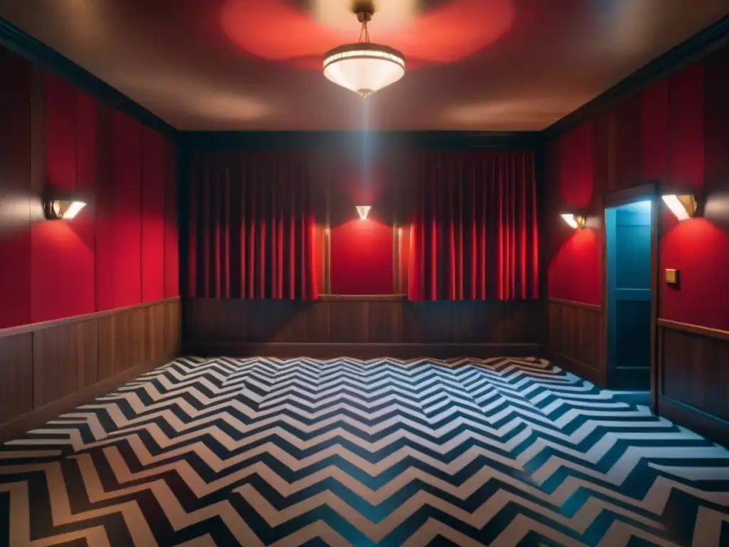 Universo surrealista Twin Peaks: La icónica Sala Roja con cortinas rojas, suelo a cuadros y diseño en zigzag, iluminada misteriosamente