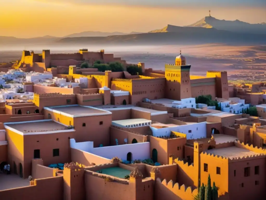 Universos ficticios en culturas inspiradoras: Atardecer dorado sobre Ouarzazate, con sus kasbahs y calles bulliciosas llenas de tradición