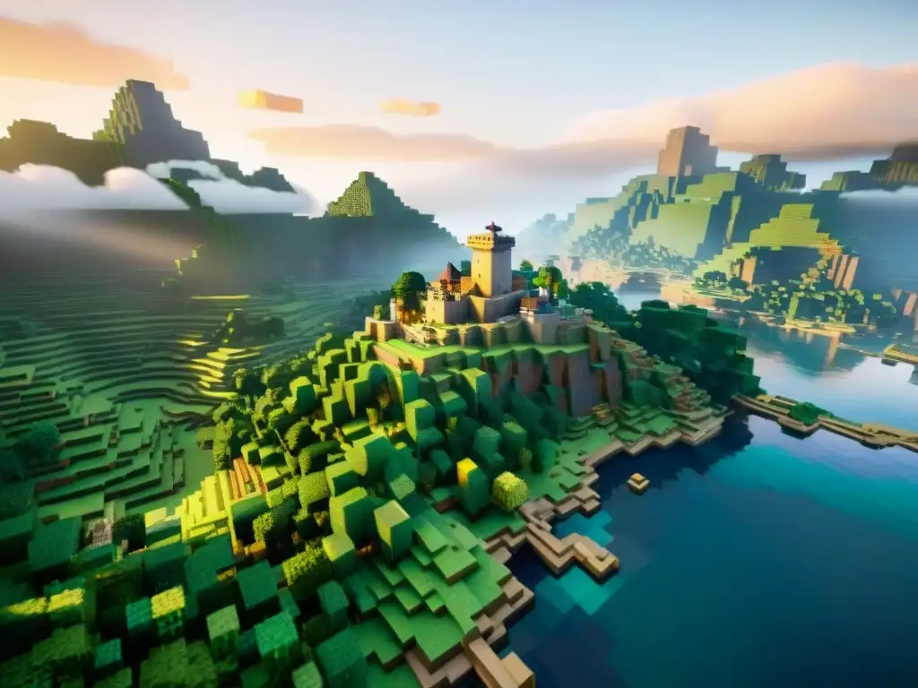 Universos ficticios en Minecraft: detallada imagen de un mundo expansivo con aldeas, montañas, ríos y bosques iluminados por el sol poniente