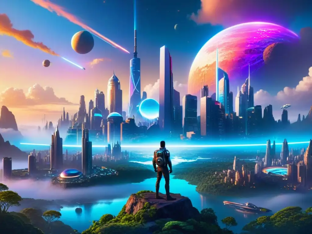 Universos ficticios en fan art: Una ciudad futurista vibrante y bulliciosa donde la tecnología se fusiona con la naturaleza