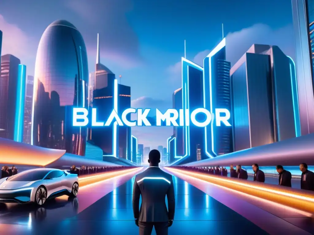 Universos ficticios en Black Mirror: Ciudad futurista nocturna con luces neón y rascacielos, donde la tecnología redefine la vida cotidiana