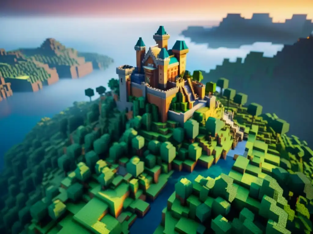 Universos ficticios en Minecraft: Detalle impresionante de castillos, ciudades y montañas en un mundo lleno de creatividad