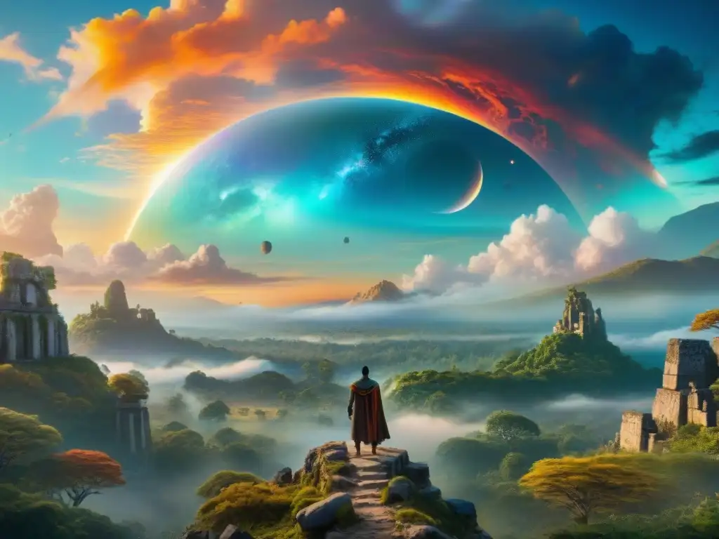 Ruinas ancestrales en un paisaje místico y vibrante Universos ficticios en literatura: Ruinas antiguas, bosques vibrantes y seres místicos en un paisaje sobrenatural con portales brillantes