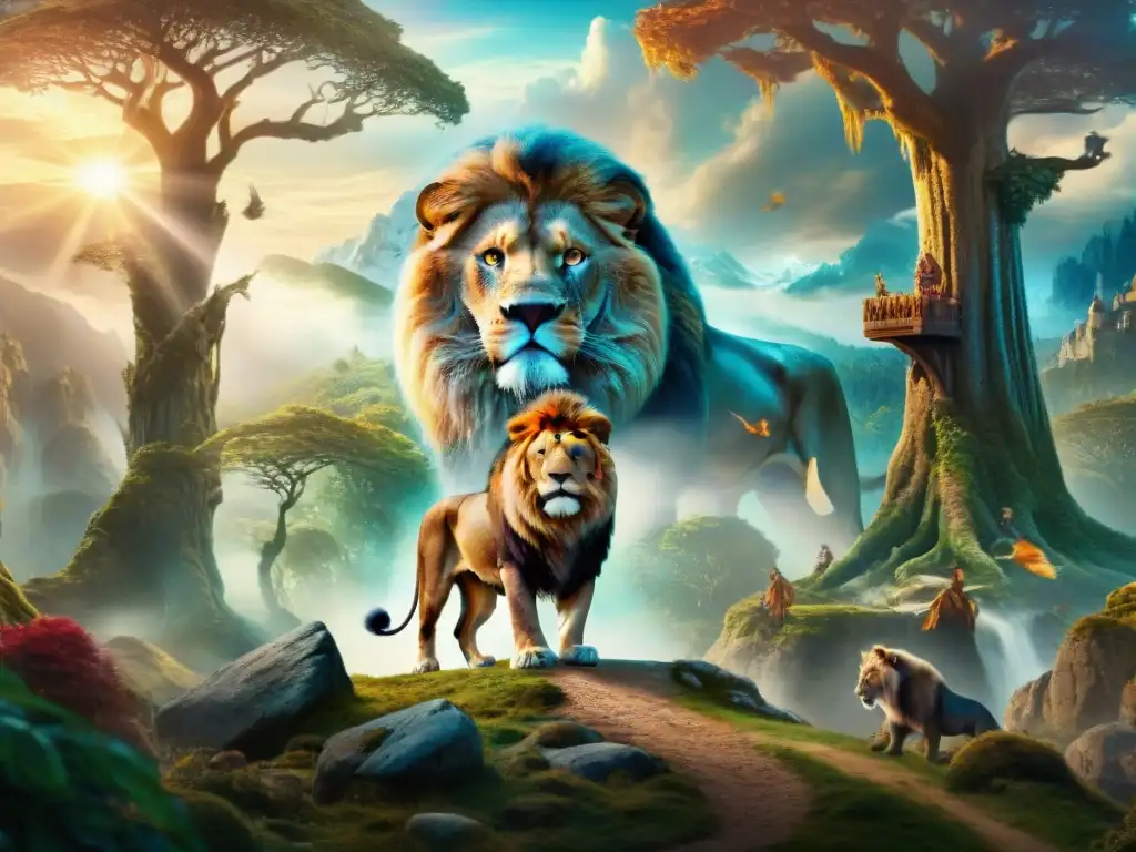 Universos ficticios de Narnia: Aslan, el majestuoso león, irradia sabiduría y poder en el mágico bosque encantado