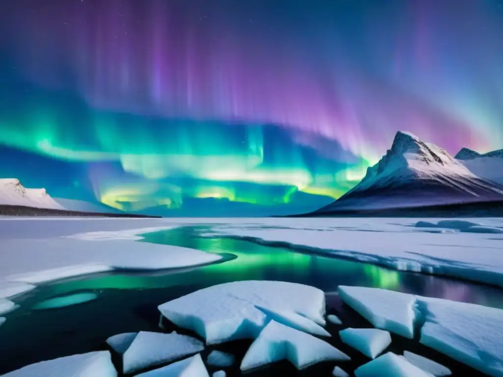 Universos ficticios en películas: Paisaje helado bajo la aurora boreal, colores vibrantes y mágica belleza