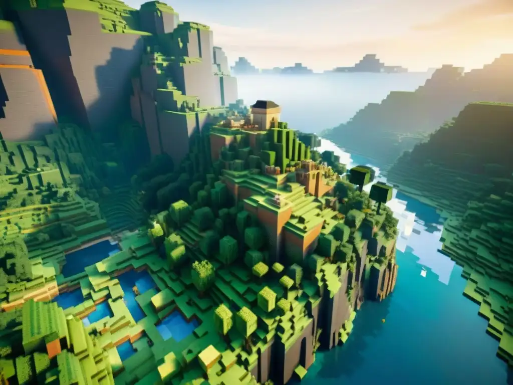 Explora universos ficticios en Minecraft: una tierra compleja y vasta bañada por la luz del atardecer