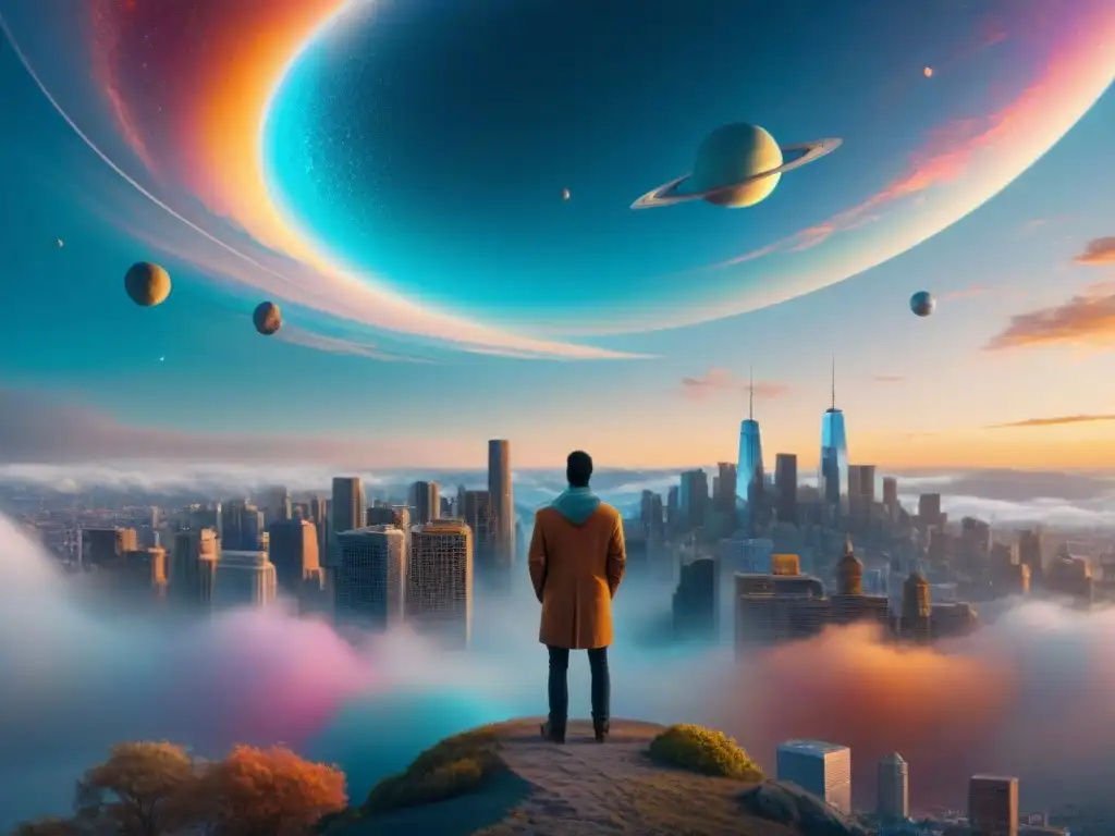 Dos universos paralelos en la ficción se reflejan en ciudades idénticas con cielos de colores, mientras una persona contempla las posibilidades