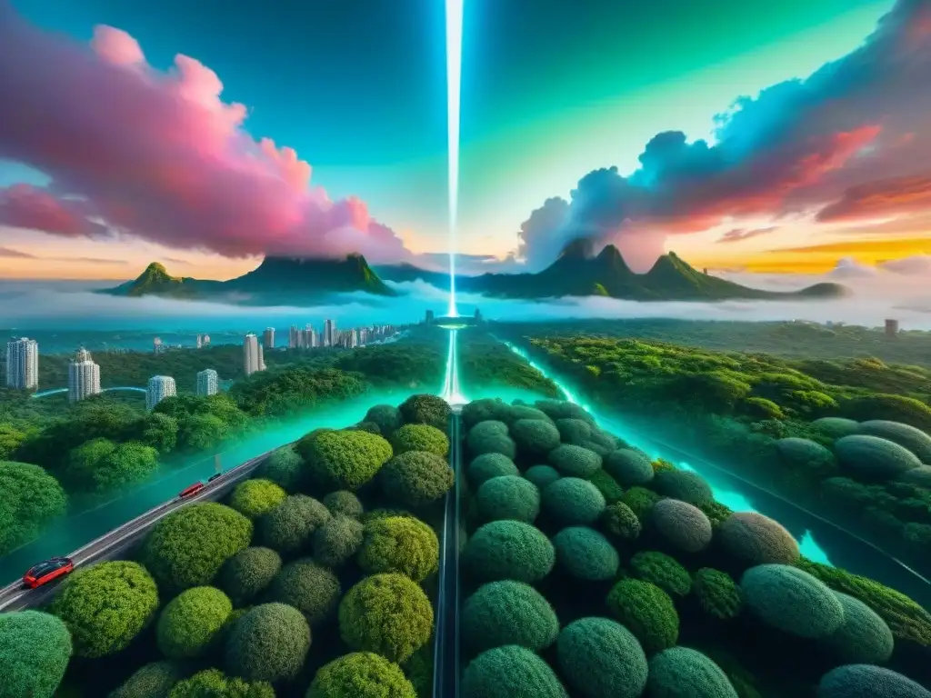 Comparación de universos paralelos en series: ciudad futurista y exuberante selva, contraste asombroso