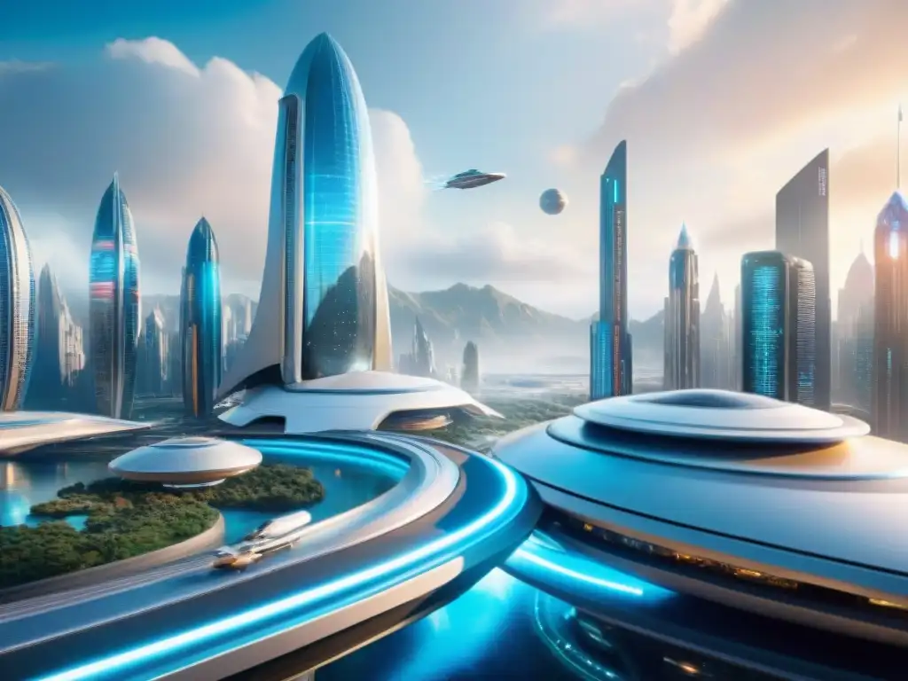 Una utopía de Economía de Star Trek: ciudad futurista con arquitectura avanzada, seres alienígenas y humanos comerciando en armonía