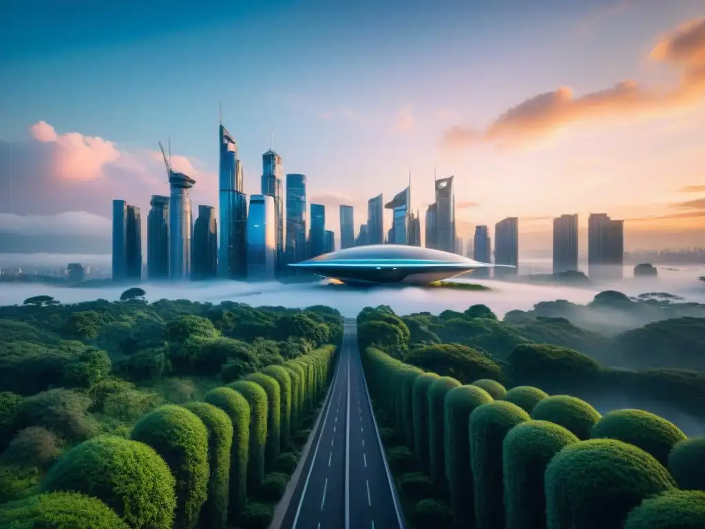 Utopías en mundos ficticios: ciudad futurista al atardecer, rascacielos de vidrio reflejando el sol, vegetación exuberante y tecnología avanzada