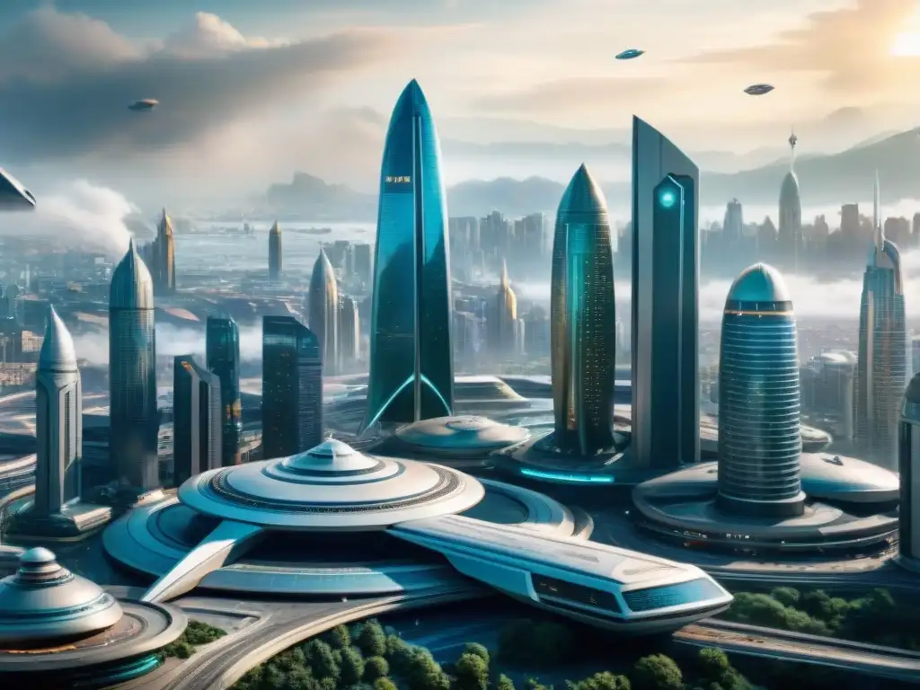 Visión utópica de una ciudad futurista de Star Trek, con avanzada tecnología y diversas especies alienígenas coexistiendo pacíficamente