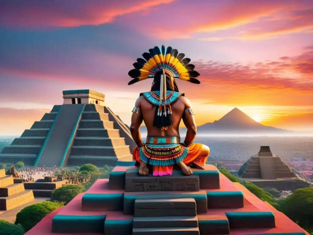 Un valeroso guerrero azteca observa su ciudad desde lo alto de una pirámide al atardecer, en un escenario lleno de vida y detalle