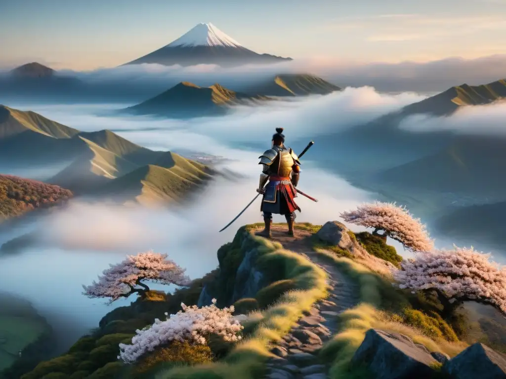 Un valeroso samurái contempla el paisaje japonés al amanecer