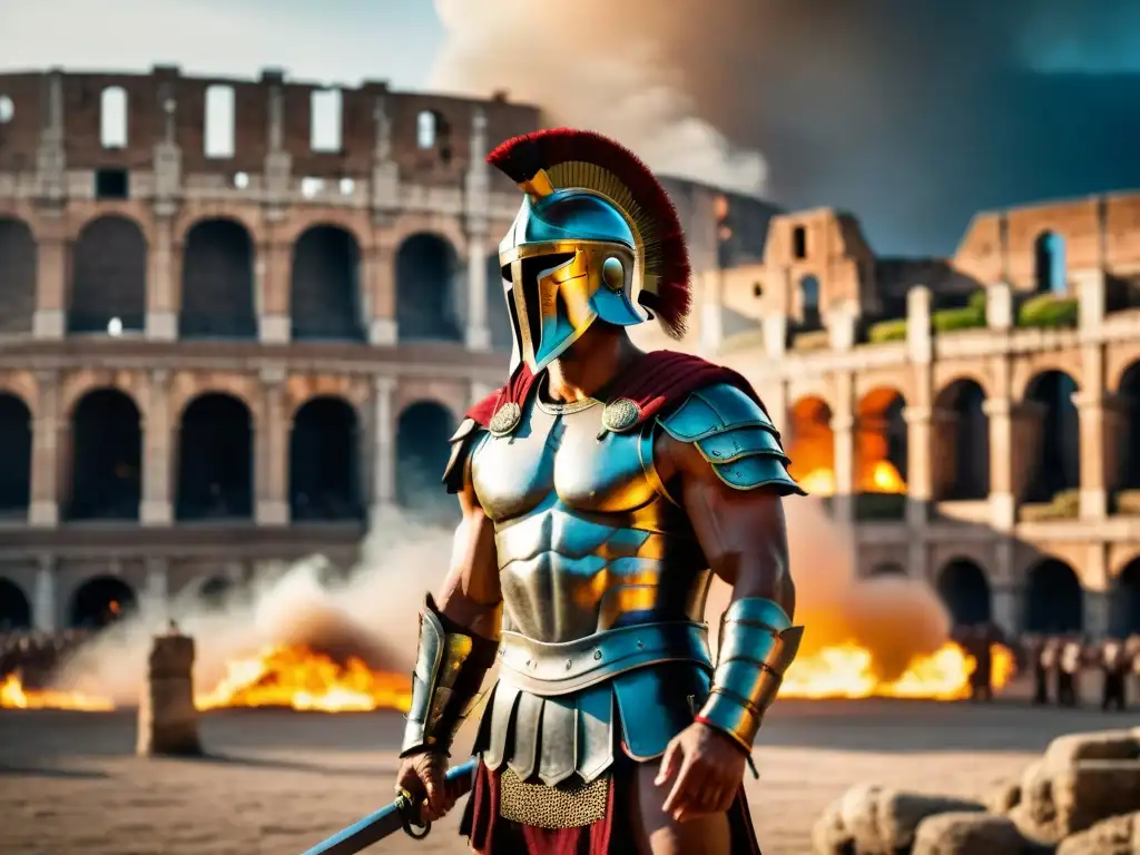 Un valiente gladiador desafiante en épica batalla en un coliseo ardiendo
