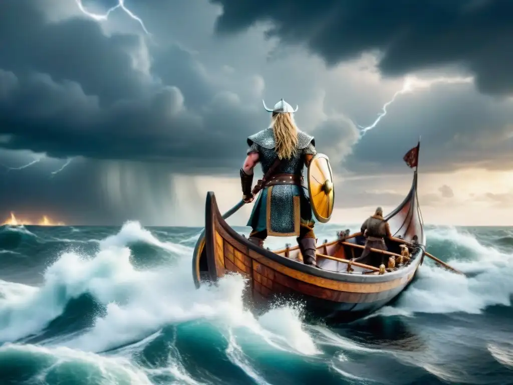 Un valiente guerrero vikingo en un barco bajo la tormenta, reflejando la mitología vikinga analizada en profundidad