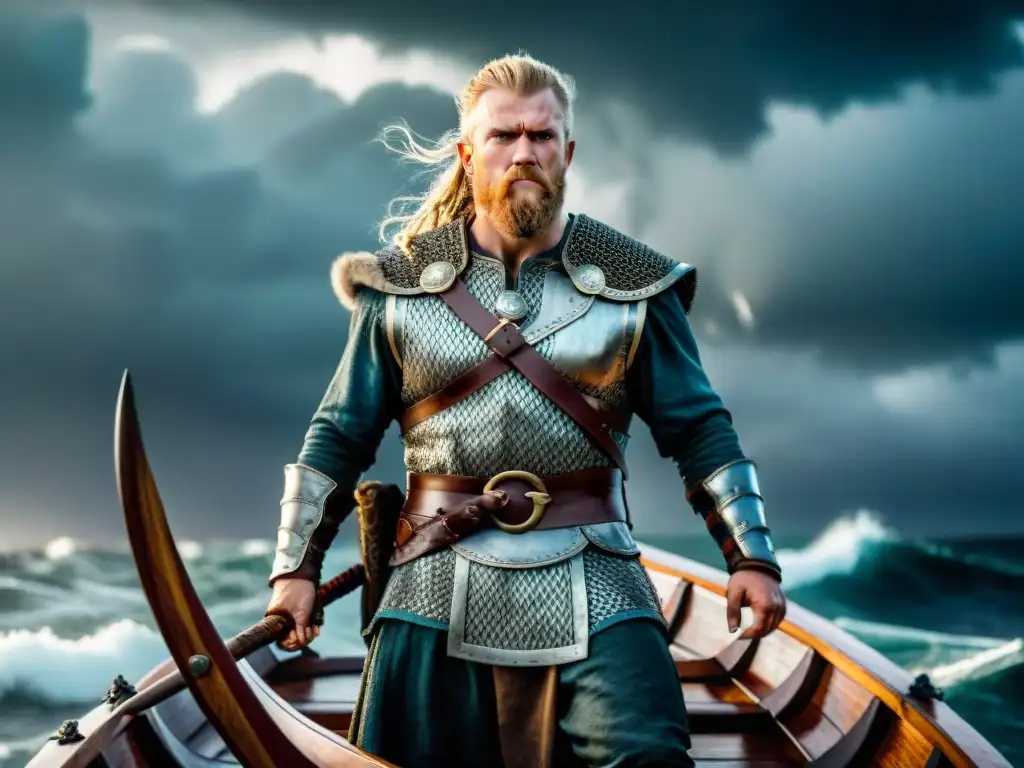 Vikingo intrépido en tormenta: épica aventura en alta mar Un valiente guerrero vikingo en un barco, enfrentando tormentas