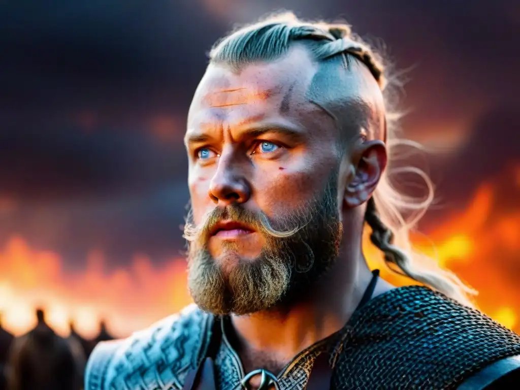 El valiente Ragnar Lothbrok de 'Vikings', con mirada intensa y marcado por batallas, frente a un atardecer ardiente con un drakkar vikingo