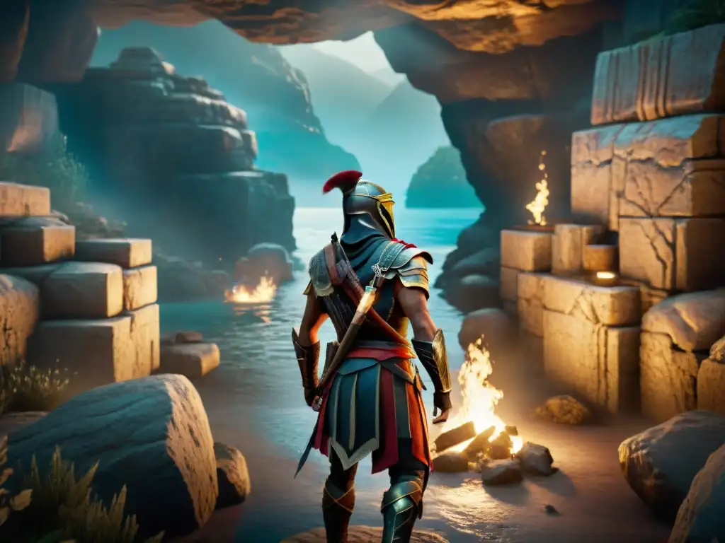 El valiente protagonista de 'Assassin's Creed Odyssey' en la entrada del inframundo, una cueva oscura con antorchas