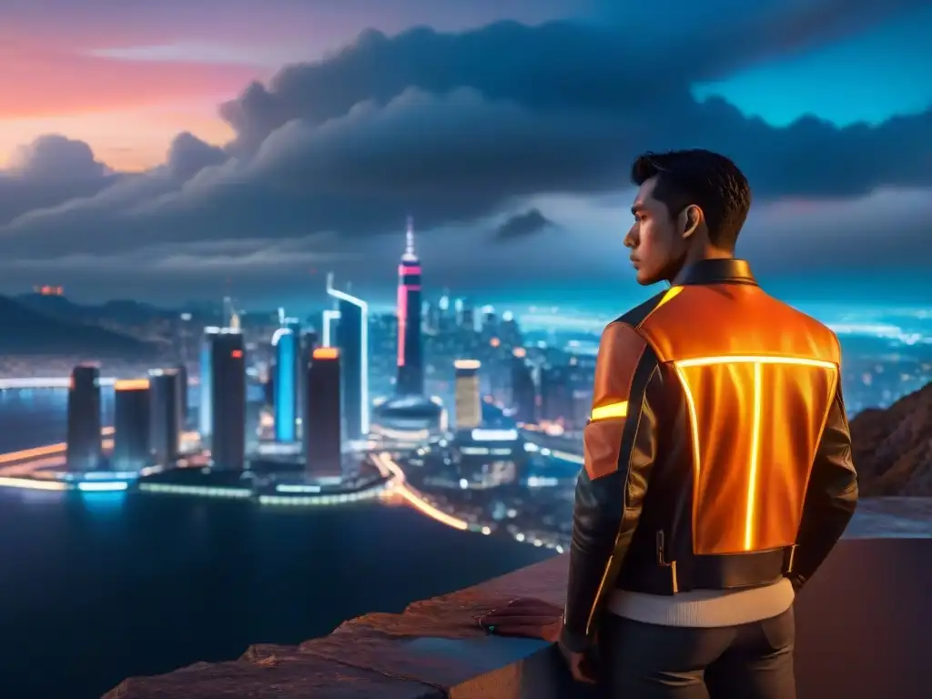 El valiente protagonista de la narrativa se para en el acantilado, contemplando la evolución de la ciudad futurista al atardecer