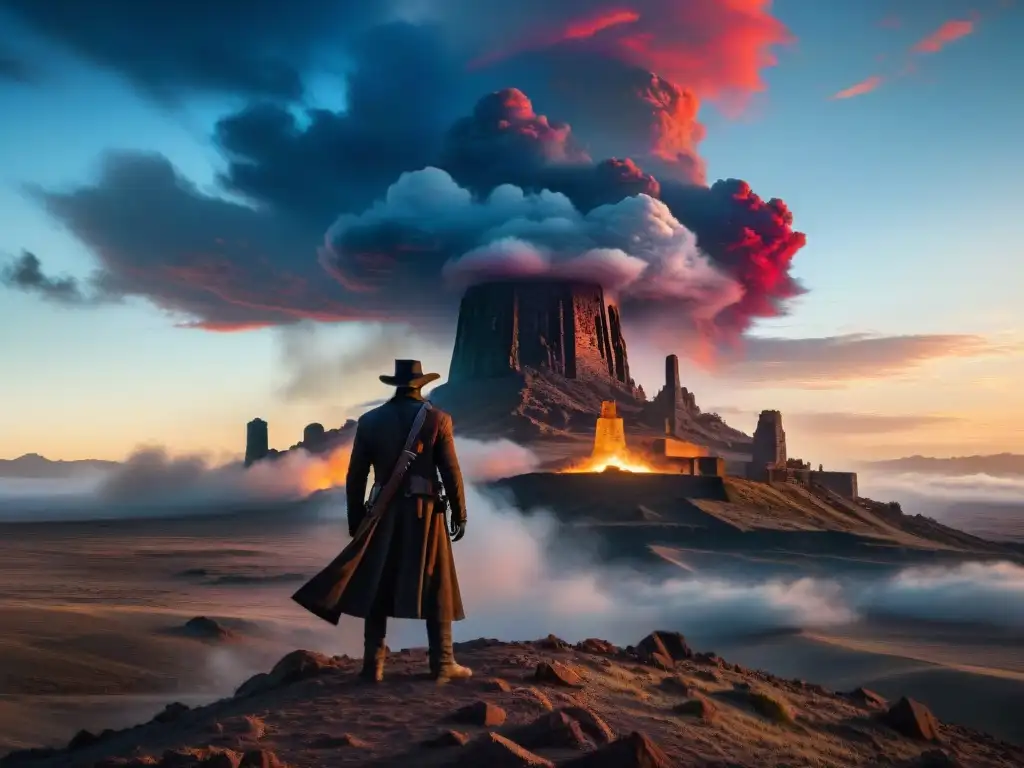 El valiente Roland Deschain en la Torre Oscura, con el Hombre de Negro al fondo