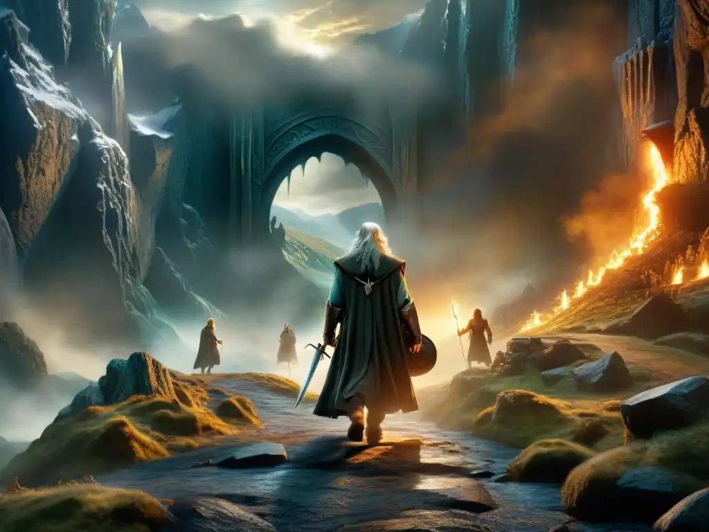 Los valientes miembros de la Comunidad del Anillo enfrentando al Balrog en las Minas de Moria, destacando las lecciones de amistad en Middle-earth