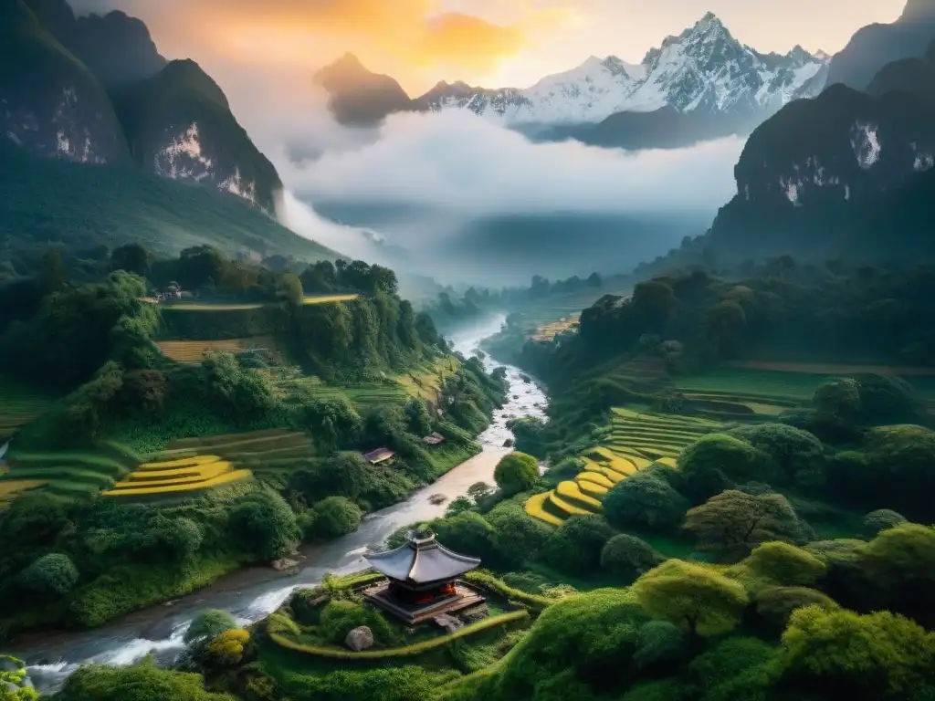 Valle místico: templo antiguo bajo cascada en montañas nevadas Valle misterioso con montañas nevadas, río serpenteante y templo antiguo, bañado por la cálida luz del atardecer