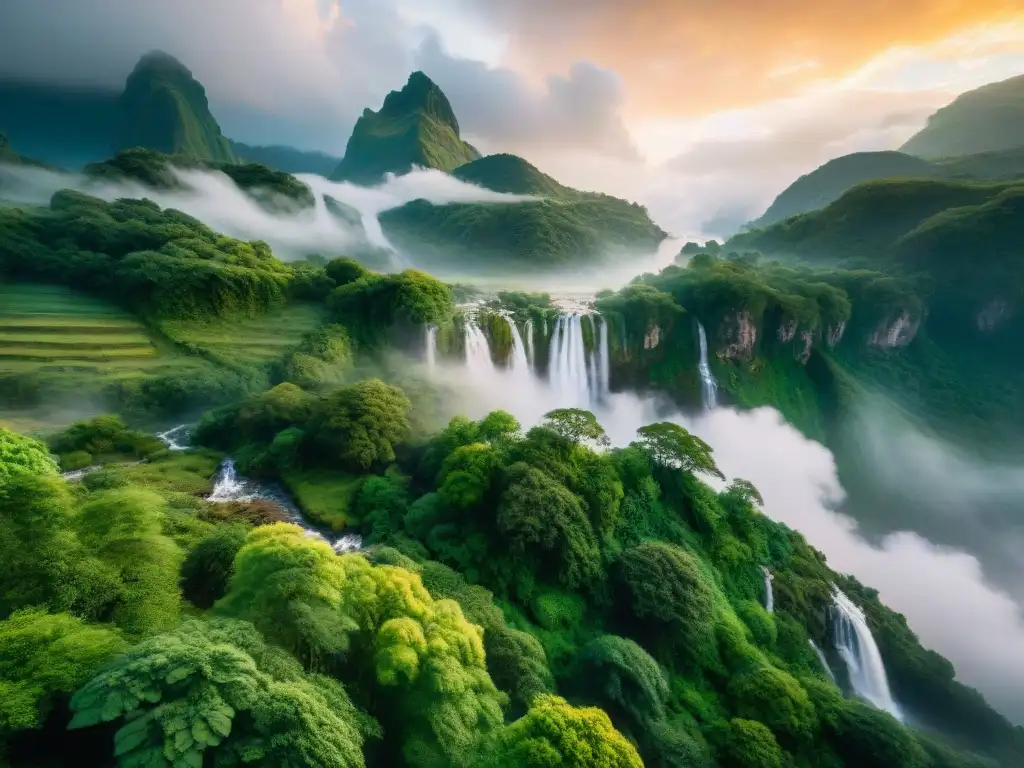 Misterioso valle montañoso con cascadas y ruinas antiguas Un valle montañoso cubierto de neblina, cascadas y ruinas antiguas entre la vegetación, con luz dorada filtrándose entre las nubes
