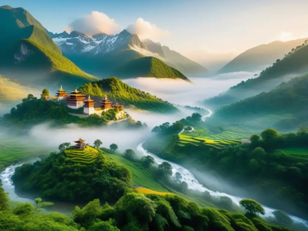 Valle escondido: paraíso místico en la niebla Un valle oculto en la niebla, rodeado de picos nevados