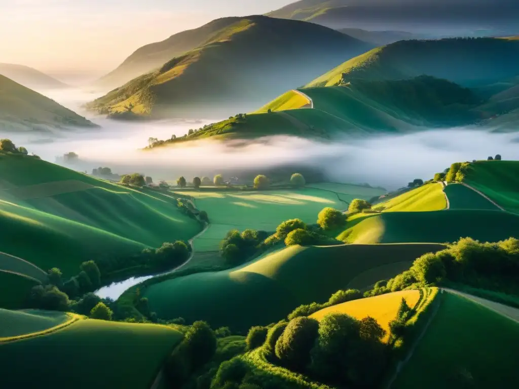 Un valle verde exuberante al amanecer con un pueblo rural a lo lejos, rodeado de colinas y un río cristalino