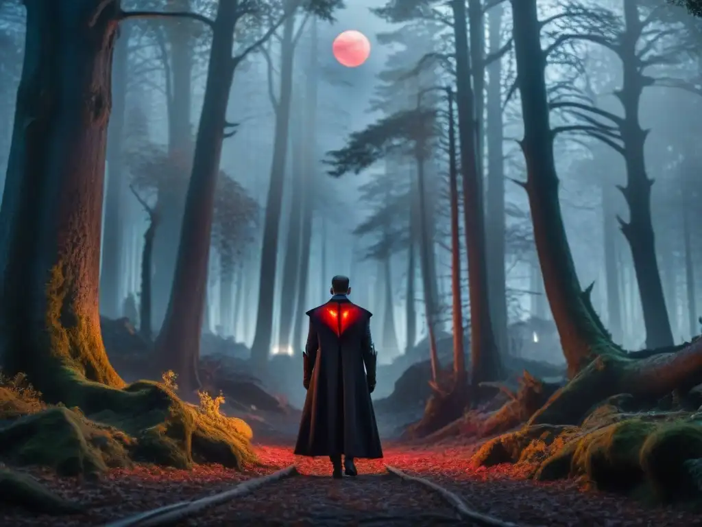 Un vampiro elegante y poderoso en un oscuro bosque nocturno, iluminado por la luna