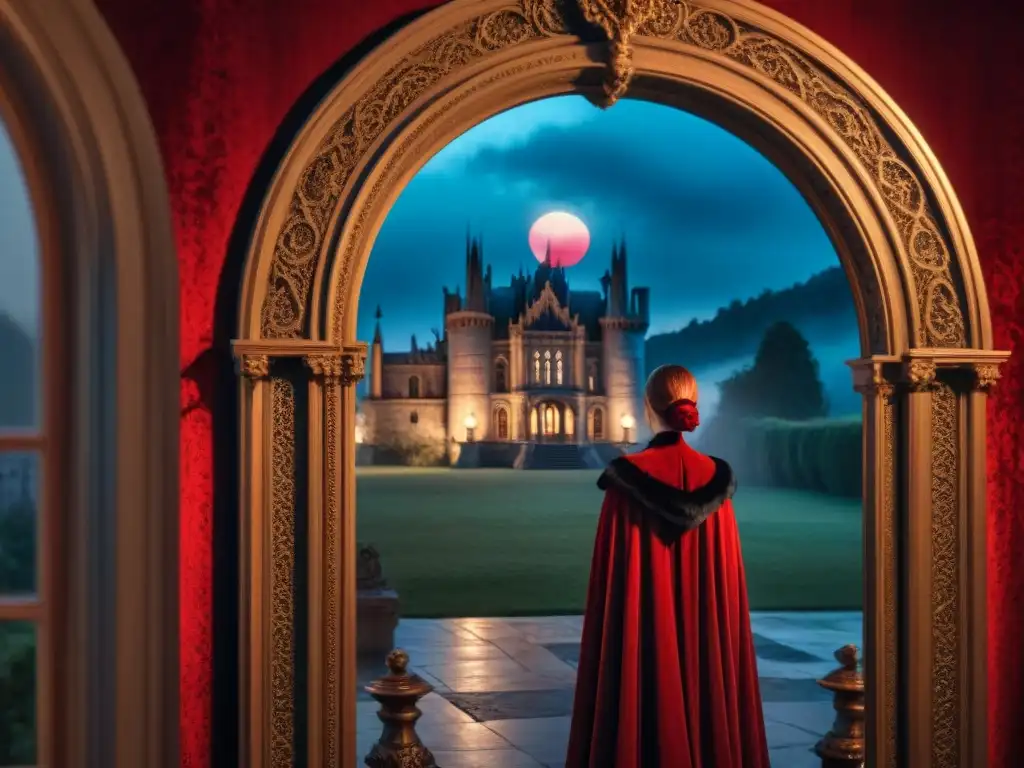 Un vampiro misterioso y elegante frente a un espejo antiguo, reflejando un castillo gótico bajo la luna