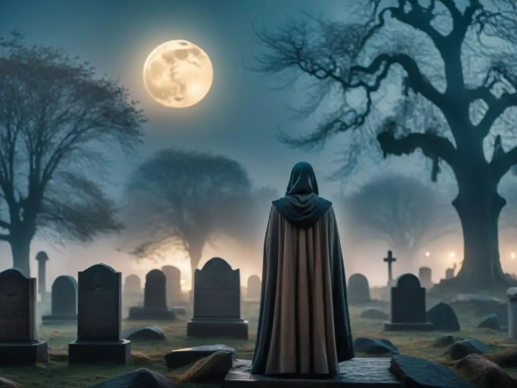 Un vampiro solitario en un cementerio neblinoso bajo la luz de la luna